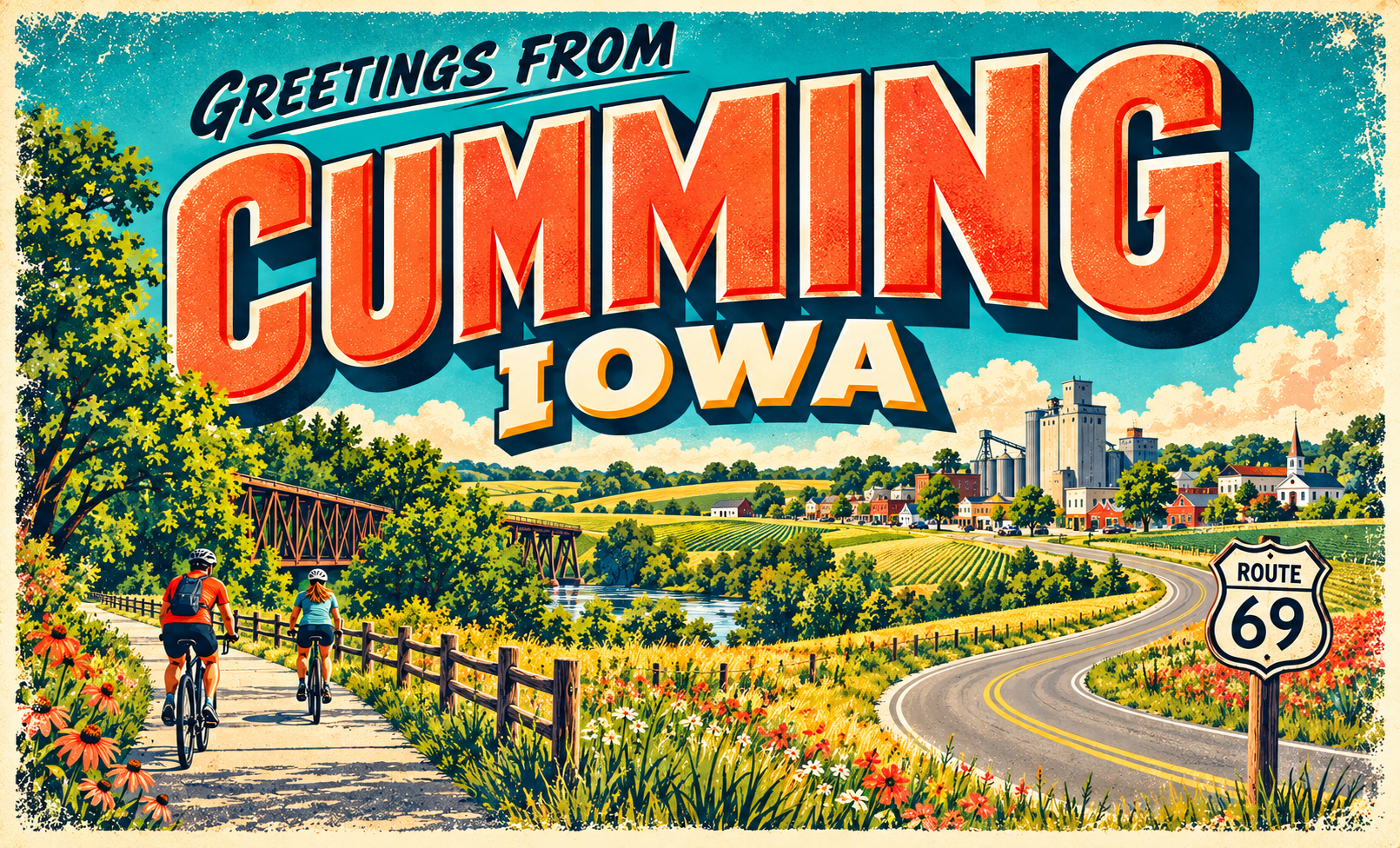 Greetings from Cumming vintage town postcard