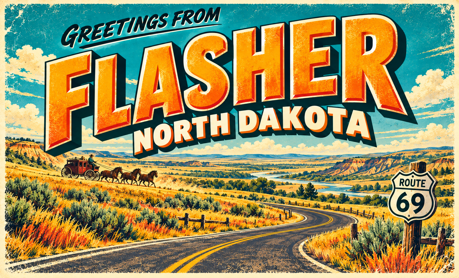Greetings from Flasher vintage town postcard