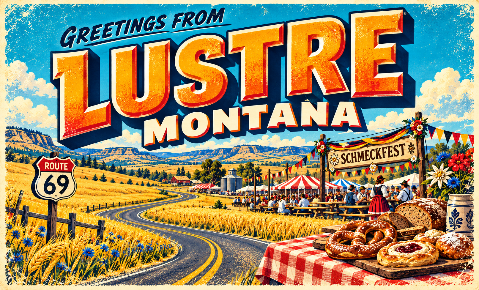 Greetings from Lustre vintage town postcard