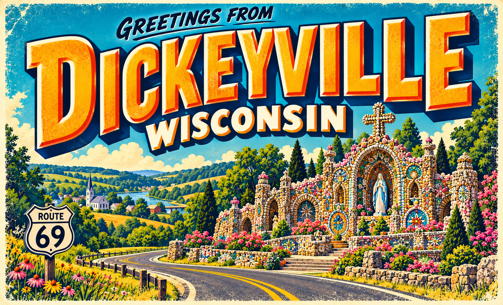 Greetings from Dickeyville vintage town postcard