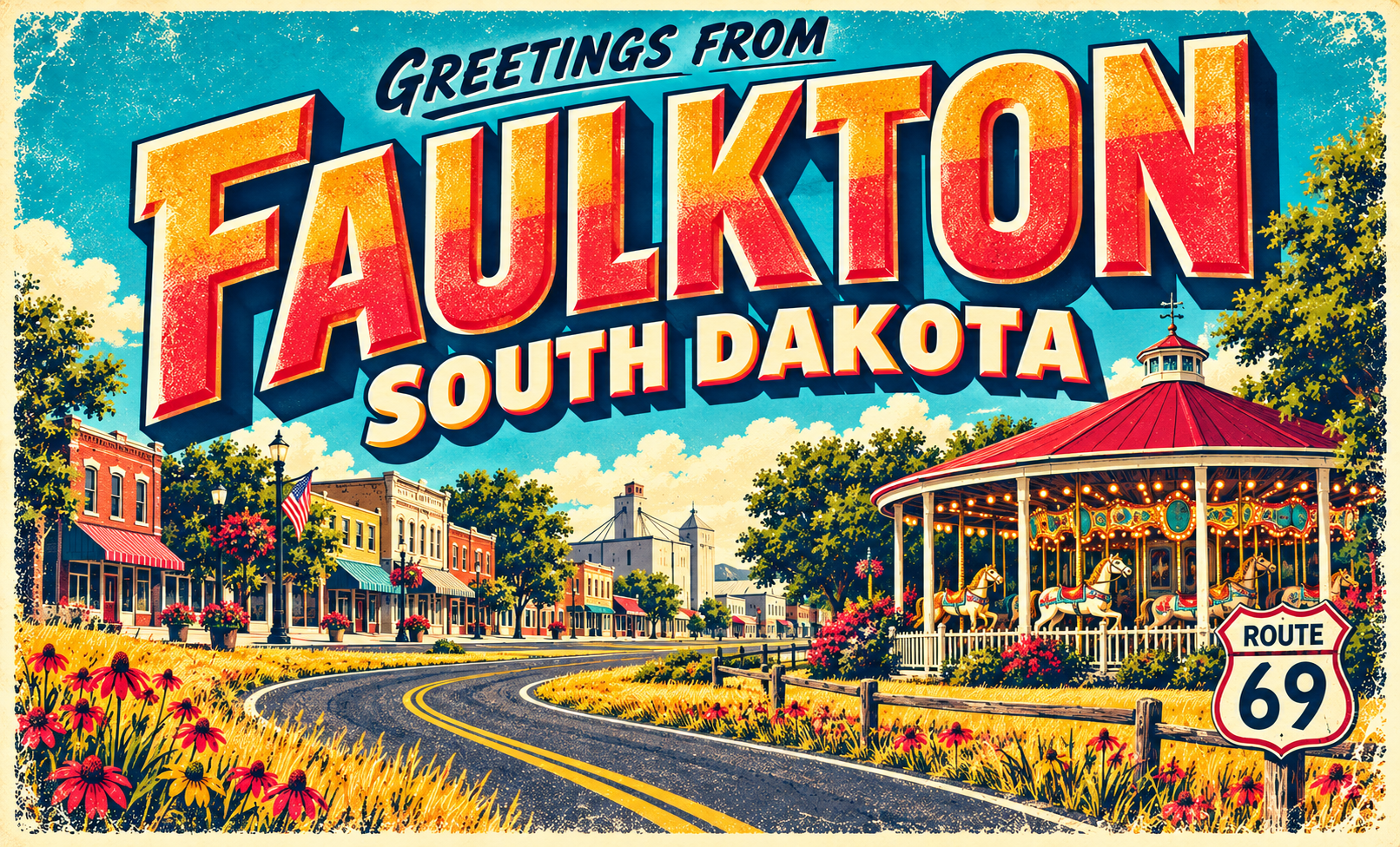 Greetings from Faulkton vintage town postcard