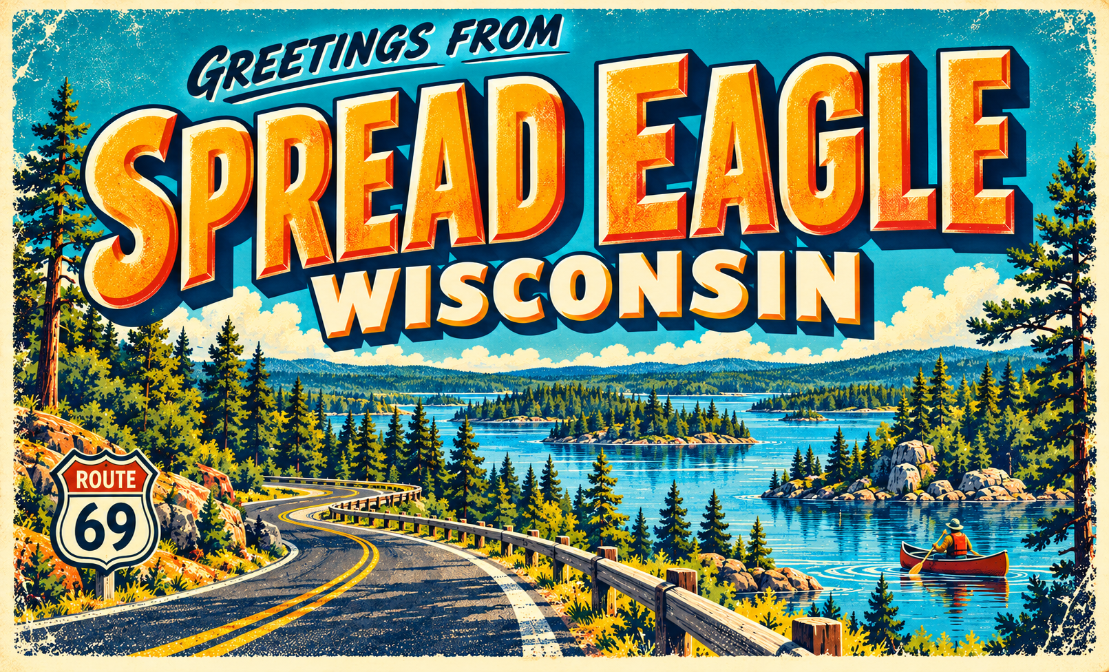 Greetings from Spread Eagle vintage town postcard