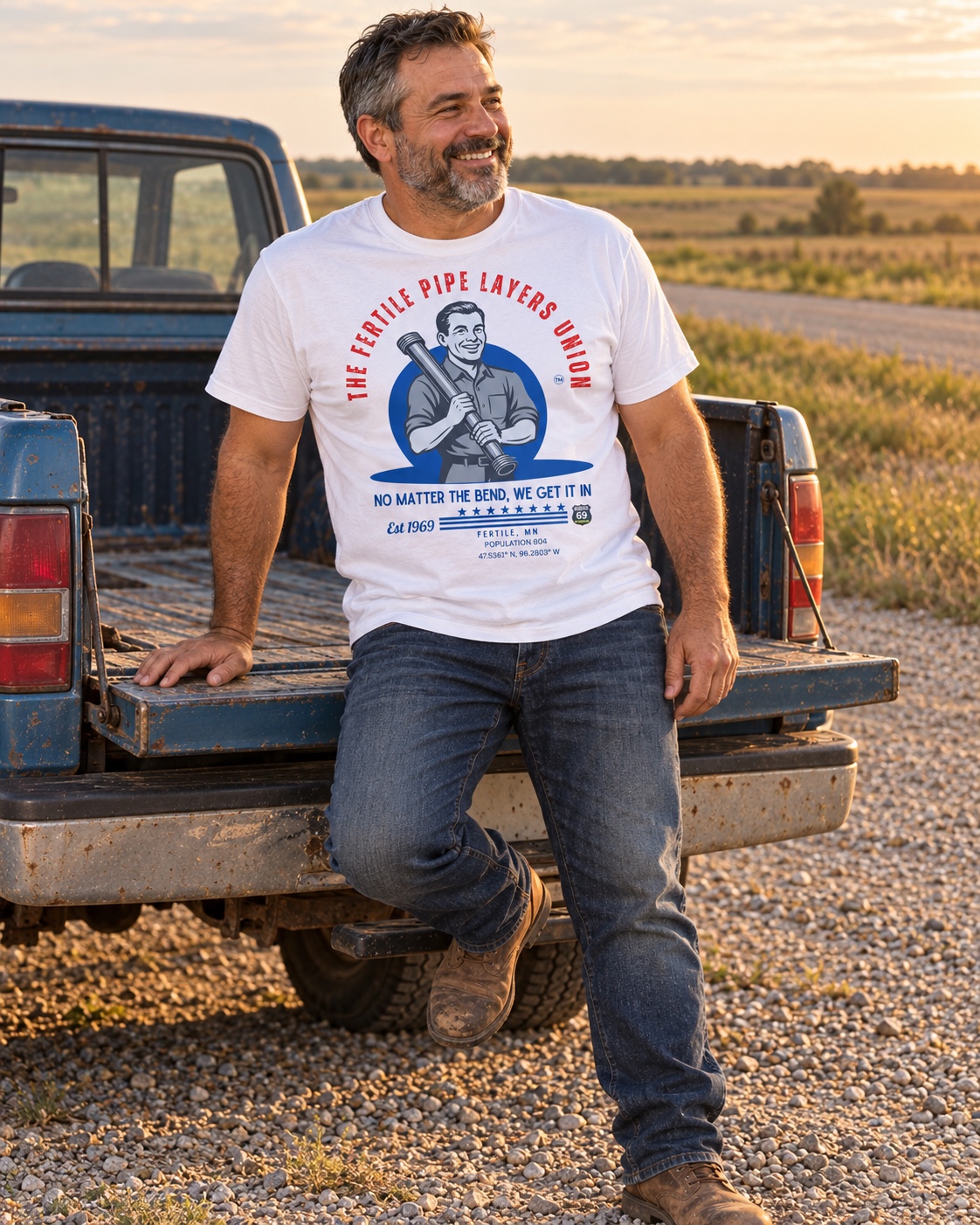 Model wearing the white Fertile Pipe Layers Union tee beside a pickup at sunset