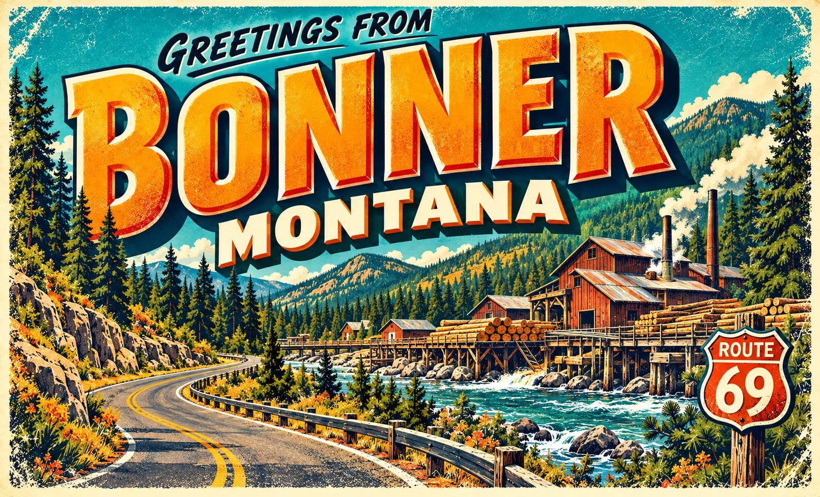 Greetings from Bonner vintage town postcard