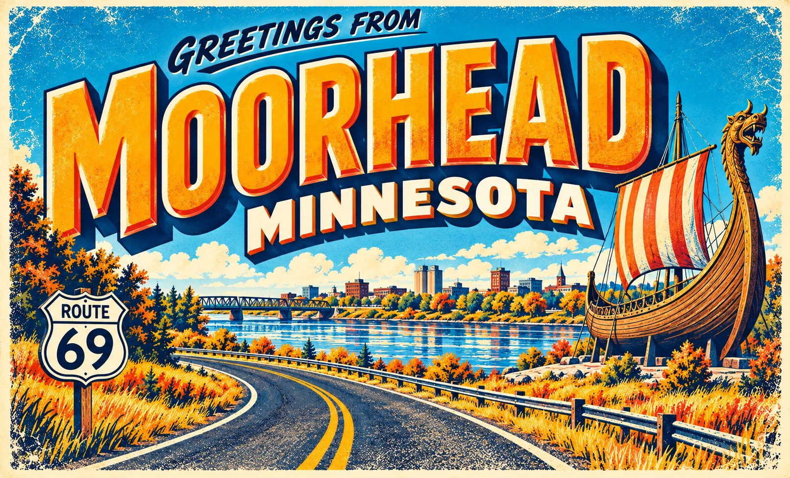 Greetings from Moorhead vintage town postcard