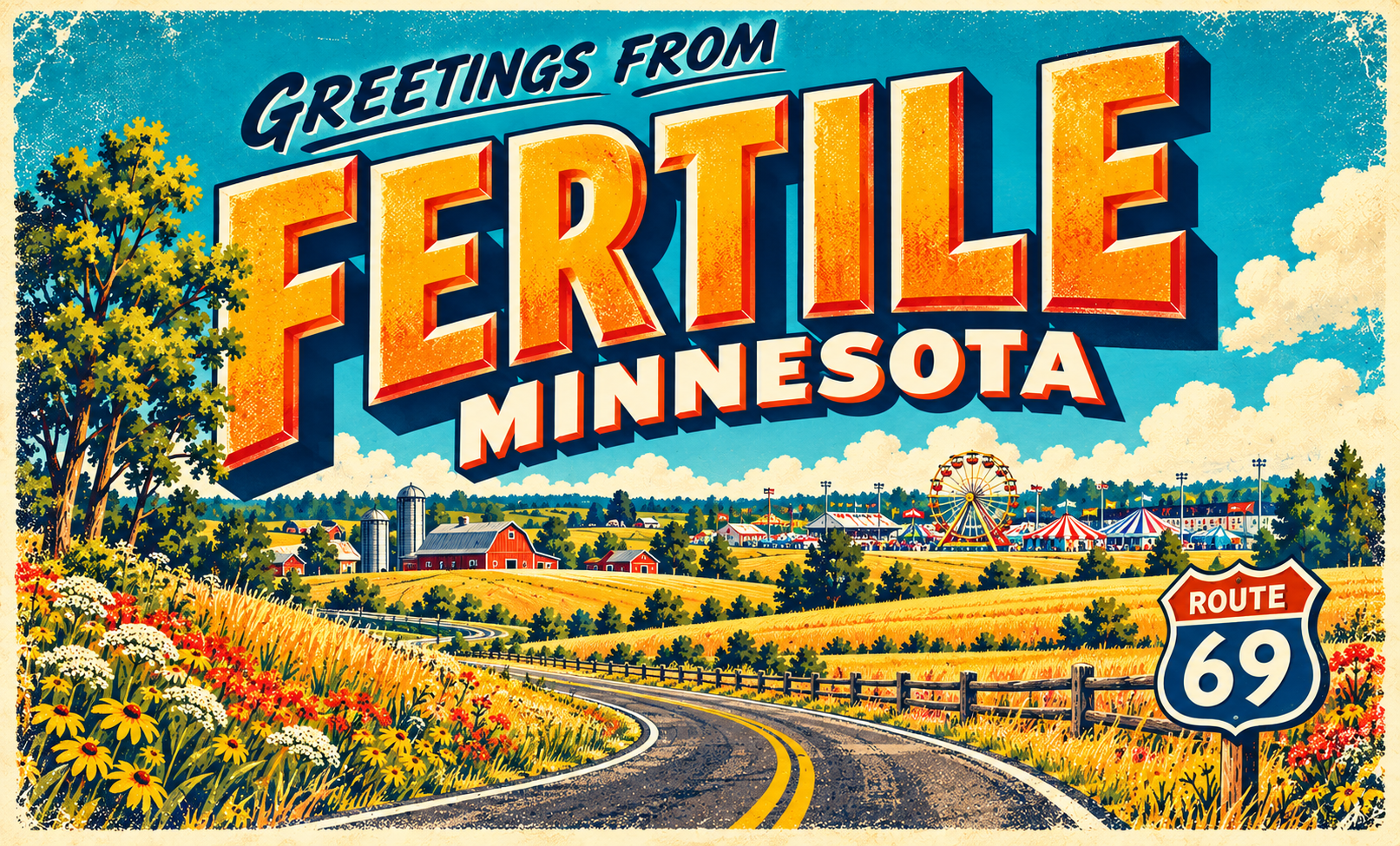 Greetings from Fertile vintage town postcard