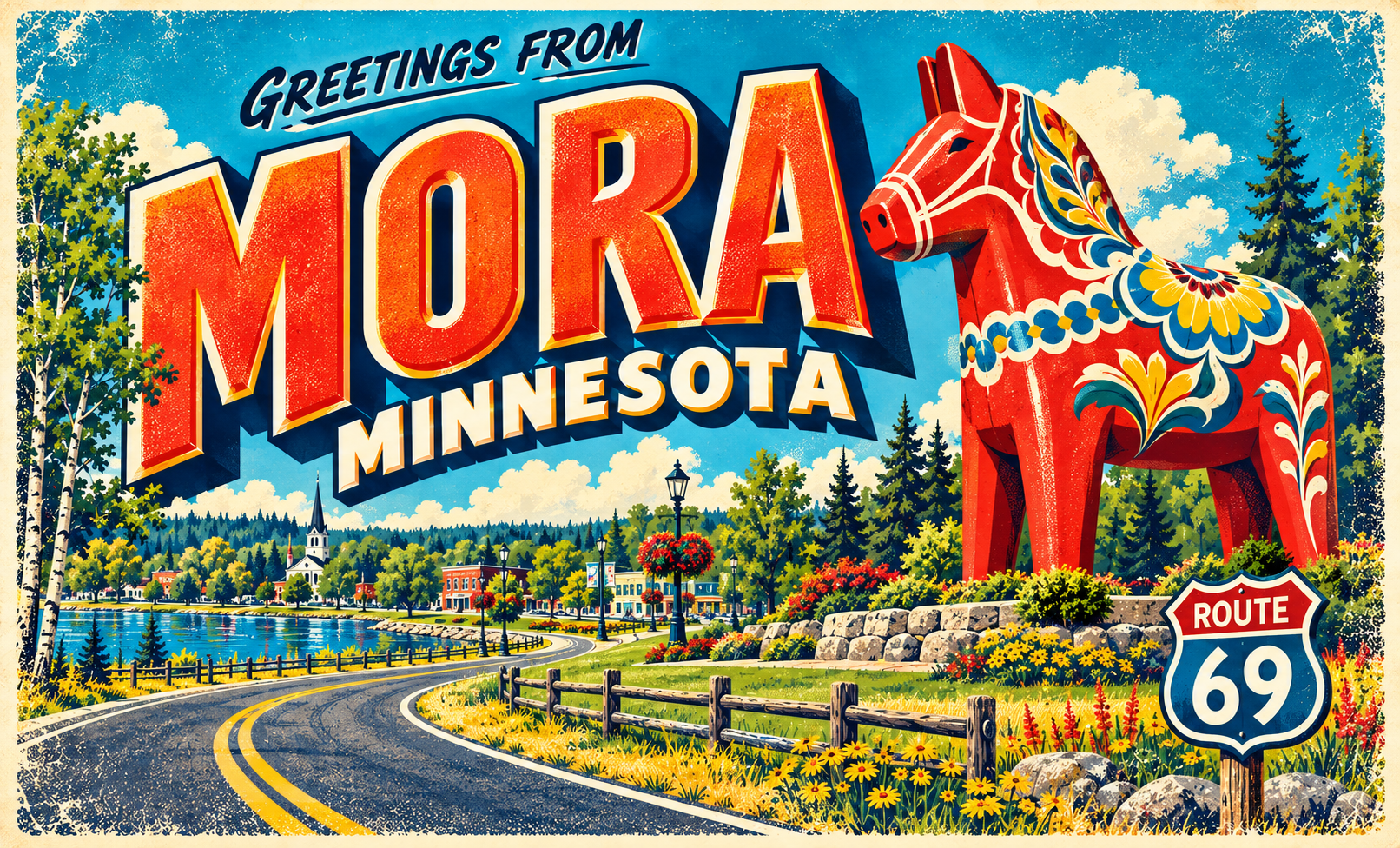 Greetings from Mora vintage town postcard